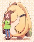 anthro brown_hair duo female fluffy fur hair hair_over_eyes long_ears long_hair male ponytail_ears yellow_body yellow_fur sawch_cls bandai_namco digimon digimon_ghost_game angoramon_(ghost_game) ruri_tsukiyono angoramon digimon_(species) human lagomorph leporid mammal rabbit absurd_res hi_res