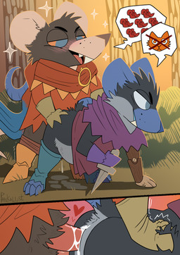 anthro blue_clothing blue_ears blue_eyes blue_footwear blue_snout blue_socks blue_tail bodily_fluids brown_body brown_fur cape close-up clothed clothed_sex clothing countershading cum cum_drip cum_in_vagina cum_inside cum_on_ground cum_on_penis dagger dripping duo female footwear forest fur genital_fluids genitals gloves green_clothing green_gloves green_handwear grey_body grey_fur hand_on_butt handwear male male/female melee_weapon orange_eyes penetration penis pink_body pink_penis pink_skin plant pregnant pregnant_female prosthetic prosthetic_arm prosthetic_limb purple_clothing red_clothing sex shoes socks speech_bubble tabard tail torn_clothing tree vaginal vaginal_penetration weapon yellow_clothing yellow_footwear yellow_shoes pankallisti root_(game) circe_(pankallisti) lord_of_the_hundreds_(root) mammal murid murine rat rodent hi_res