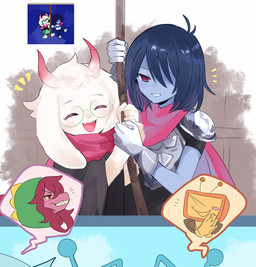 5_fingers ambiguous_gender anthro armor blue_body blue_hair blue_skin blush delta_rune_(emblem) duo_focus eyewear fangs female fingers fur glasses group hair happy horn long_hair pink_body pink_horn pink_skin purple_hair red_eyes scarf screenshot_redraw sharp_teeth smile symbol teeth white_body white_fur sytk_r deltarune undertale_(series) kris_dreemurr ralsei susie_(deltarune) tenna_(deltarune) boss_monster_(undertale) darkner human lightner mammal monster 2025 redraw reference_image signature male_(lore)