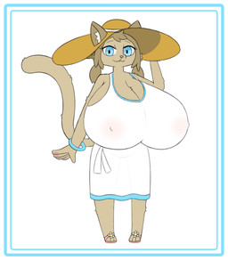 anthro areola big_breasts border bracelet breasts clothing female hat headgear headwear huge_breasts hyper hyper_breasts jewelry nipples solo sun_hat translucent translucent_clothing white_border young wafflecat domestic_cat felid feline felis mammal character_request