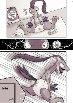 3_panel_comic 3_tails 3_toes 4_fingers animal_feet bathroom bodily_fluids borderless_panel changing_mat claws clean_diaper close-up clothed clothing constricted_pupils countershade_body countershade_face countershade_neck countershade_torso countershading cutaway desperation detailed_background diaper diaper_change diaper_changing_supplies diaper_fetish diaper_only diaper_package diaper_use door door_handle doorknob dutch_angle electricity emanata eye_focus feet finger_claws fingers floor genital_fluids glistening glistening_body glistening_eyes hallux hands_on_crotch hands_on_own_crotch head_leaf humanoid_hands leaf leaf_tail leaves_on_arms leaves_on_body lightning male multi_tail omorashi open_mouth panel_overlap parallel_speed_lines pupils putting_on_diaper realization running screaming semi-anthro shocked sitting small_comic small_pupils solo speed_lines stripes sweat sweatdrop tail thought_bubble toe_claws toes toilet tongue topless unclean_diaper underbelly urine used_diaper wall_(structure) wearing_diaper wet_diaper elumagedosuko nintendo pokemon dino_evergreen fan_character dinosaur dromaeosaurid generation_3_pokemon grovyle pokemon_(species) prehistoric_species reptile scalie theropod absurd_res comic digital_drawing_(artwork) digital_media_(artwork) first_page greyscale hi_res monochrome