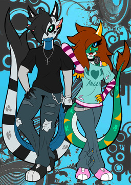 2000s_theme anthro clothing cross duo female footwear green_body male male/female shoes torn_clothing white_body phunter15 mythology jade_(phunter15) phunter dragon mythological_creature mythological_scalie scalie digital_media_(artwork) hi_res