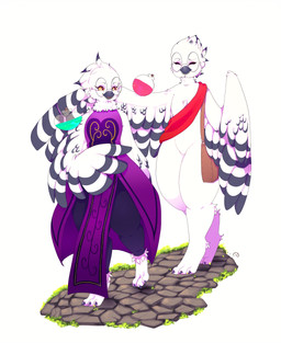 3_toes anthro backpack barefoot beak black_body black_feathers claws clothed clothing digitigrade dress duo eyewear feathered_wings feathers feet female glasses legwear male nude open_mouth potion sash simple_background slightly_chubby thick_thighs tights toes white_body white_feathers wide_hips wings birbseeds amelia_abernachy calloway_calversian avian bird horned_owl owl snowy_owl true_owl 2018 absurd_res digital_media_(artwork) hi_res