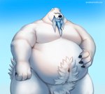 2022 anthro anthrofied beartic belly big_belly black_nose fur generation_5_pokemon hi_res humanoid_hands male navel nintendo obese obese_anthro obese_male overweight overweight_anthro overweight_male pokemon pokemon_(species) pokemorph shibadoodles simple_background solo white_body white_fur
