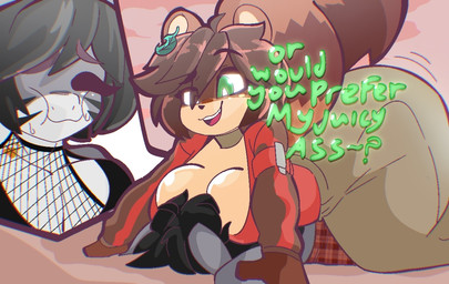 ambiguous_gender anthro big_breasts big_butt breasts butt dialogue dominant dominant_female duo face_in_breasts female huge_breasts huge_butt pinned pinned_to_ground smothering talking_to_another talking_to_partner teasing text shujidagod nuki_the_tanuki yuro_the_shark aquatic canid canine fish mammal raccoon_dog shark tanuki english_text