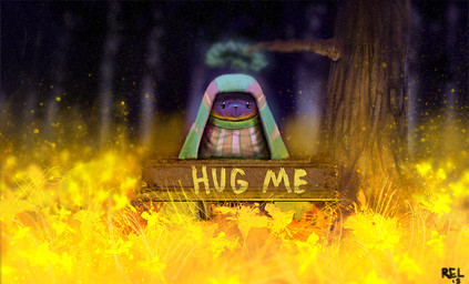 ambiguous_gender anthro black_eyes black_nose brown_body brown_fur clothed clothing detailed_background forest fur green_clothing looking_at_viewer outside plant sign solo standing text tree relevancy bear mammal 2015 digital_media_(artwork) english_text