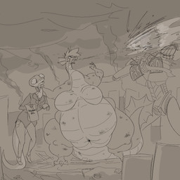 anthro battle_damage belly big_belly city city_background city_crushing city_destruction destruction female huge_belly kaijune machine mascot mecha morbidly_obese morbidly_obese_female obese obese_female overweight overweight_female silly sinfullapis geico mythology geico_gecko dragon kaiju mythological_creature mythological_scalie scalie 1:1 hi_res