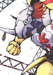 angry anthro armor bandai_namco claws digimon digimon_(species) finger_claws first_person_view fist green_eyes hair headgear helmet hi_res horn male muscular muscular_anthro punch qsiqydfz7nesh9w red_hair solo wargreymon