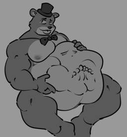 abdominal_bulge belly big_belly bow_tie clothing hat headgear headwear male male_pred muscular muscular_male nipples pecs prey_outline same_size_vore solo top_hat vore weirdguy3000 five_nights_at_freddy's scottgames freddy_(fnaf) bear mammal hi_res monochrome
