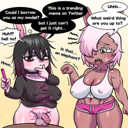 anthro balls big_breasts biped black_hair breasts brown_body clothed clothing dialogue duo female genitals gynomorph hair intersex penis pink_body pink_hair simple_background speech_bubble text thick_thighs daimo lagomorph leporid mammal rabbit 1:1 english_text hi_res