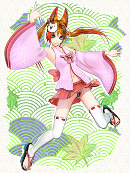 4_ears :3 absolute_territory abstract_background armwear bottomwear carrying_another clothed clothing colored_nails cosplay detached_sleeves duo female footwear green_eyes green_nails hair human_and_animal_ears humanoid_focus inner_ear_fluff legwear long_hair looking_at_viewer maebari mask mask_on_head multi_ear nails navel no_underwear on_head orange_hair pink_clothing pink_shirt pink_topwear red_bottomwear red_clothing red_skirt sandals shirt shoes skirt smile smiling_at_viewer solo_focus teal_eyes thigh_highs toeless_thigh_highs topwear tuft twintails_(hairstyle) upskirt white_clothing white_legwear white_thigh_highs deino_(artist) deino_(modeler) vtuber calne_ca mikoko_(kemomimi_oukoku_kokuei_housou) nato-kun animal_humanoid canid canid_humanoid canine canine_humanoid fox_humanoid humanoid mammal mammal_humanoid 3:4 3d_(artwork) autodesk_3ds_max_(artwork) digital_media_(artwork) full-length_portrait hi_res portrait