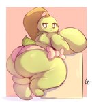 big_breasts big_butt breasts butt chikorita clothing female generation_2_pokemon hi_res huge_breasts huge_butt leaf lightmizano looking_at_viewer nintendo panties pokemon pokemon_(species) short_stack simple_background slightly_chubby solo thick_thighs underwear