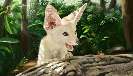 claws detailed_background excited feral forest fur log open_mouth outside plant solo tan_body tan_fur tree whiskers wood swish canid canine fennec_fox fox mammal true_fox hi_res