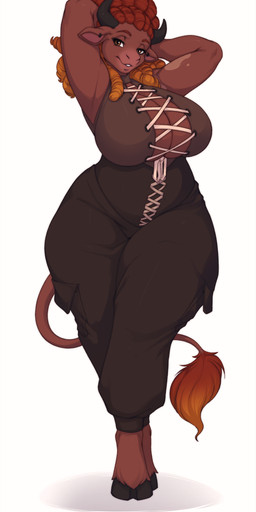 anthro big_breasts breasts cleavage clothed clothing dreadlocks female hooves huge_breasts looking_at_viewer slightly_chubby smile solo vitiligo knight_dd european_mythology greek_mythology mythology khara'mihn bovid bovine mammal minotaur 2025 absurd_res hi_res