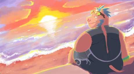 anthro beach biped clothing eyewear hair male mohawk overweight overweight_anthro overweight_male seaside sitting solo sun sunglasses tight_clothing water nunutaro3 lifewonders tokyo_afterschool_summoners ganglie_(tas) mammal suid suine sus_(pig) wild_boar 2018 hi_res