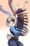 anthro bodily_fluids book book_stack clothed clothing female grin holding_book holding_object holding_stack police police_uniform purple_eyes smile solo stack sweat sweatdrop uniform princess_hinghoi disney zootopia judy_hopps lagomorph leporid mammal rabbit 2016 hi_res