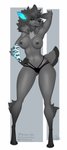 4_toes 5_fingers abstract_background anthro areola arm_tuft bikini bikini_bottom black_lips black_nose blue_eyes breasts calf_tuft cleavage clothed clothing digitigrade elbow_tuft eyelashes fangs feet female fingers fur furaffinity_logo gloves_(marking) glowing glowing_ears grey_areola grey_body grey_fur grey_hair grey_nipples hair hand_on_hip leg_tuft lips long_hair looking_at_viewer markings navel neck_tuft nipples patreon_logo patreon_username smile solo standing swimwear teeth text toes topless tuft twitter_logo two-piece_swimsuit wide_hips hiddenwolf furaffinity patreon twitter stella_asher canid canine canis mammal wolf artist_name english_text hi_res signature