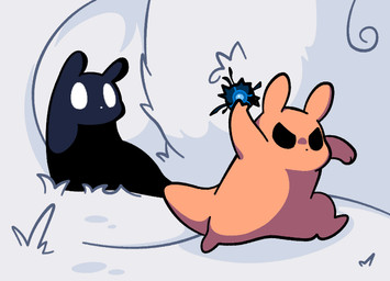ambiguous_gender anthro black_body black_eyes duo ears_up empty_eyes grass holding_object holding_weapon looking_at_another narrowed_eyes plant running simple_background singularity_bomb standing tail tan_body weapon white_background white_eyes plumflavor rain_world videocult gourmand_(rain_world) watcher_(rain_world) slugcat 2025 digital_media_(artwork) shaded simple_shading