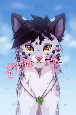 ambiguous_gender bangs black_hair black_spots brown_eyes cherry_blossom feral feral_with_hair flower front_view fur grey_body grey_fur hair jewelry markings necklace necklace_only nude object_in_mouth outside pink_flower pink_nose plant prunus_(flower) short_hair sky smile smiling_at_viewer solo spots spotted_body spotted_fur spotted_markings stick stick_in_mouth white_body white_fur yellow_sclera azzai felid mammal pantherine snow_leopard 2019 colored colored_sketch digital_drawing_(artwork) digital_media_(artwork) shaded sketch