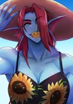 blue_body blue_skin breasts claws clothed clothing collarbone dress ear_fins eyebrow_through_hair eyebrows eyelashes eyes_closed female fin fingers floral_print hair humanoid_hands red_hair sharp_teeth smile solo sundress teeth topwear translucent translucent_hair yellow_teeth torotale undertale undertale_(series) undyne fish marine 2022 absurd_res digital_media_(artwork) hi_res