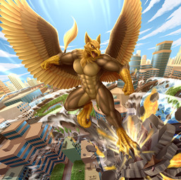 4_toes 5_fingers abs anthro beak biceps biped brown_body brown_fur building building_destruction city city_background city_crushing city_destruction cityscape claws crush destruction feathered_wings feathers feet finger_claws fingers flying fur house kick landing landscape_dwarfing macro macro_anthro macro_male male muscular muscular_anthro muscular_male nude outside paws pecs sky solo stomping tail toe_claws toes wings growingdragon mythology carpo avian gryphon mythological_avian mythological_creature hi_res