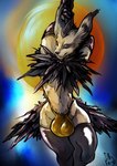 anthro balls big_balls big_bulge bulge clothed clothing dancing feathers genitals legwear male pole pole_dancing skimpy solo stockings thong underwear silkyfangs fakemon nintendo pokemon sid_(sid_the_corvideon) eeveelution pokemon_(species) absurd_res hi_res