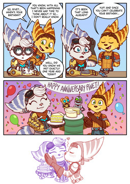 anthro birthday birthday_cake birthday_party cake clothed clothing dessert dialogue duo ear_piercing eyes_closed eyewear eyewear_on_head female fingers food fur furniture gloves goggles goggles_on_head green_eyes handwear headgear holding_object holding_plate kissing kissing_cheek machine male male/female open_mouth piercing plate ring_piercing romantic romantic_couple smile speech_bubble stripes table tail text luchosfactory ratchet_and_clank sony_corporation sony_interactive_entertainment clank_(ratchet_and_clank) kit_(ratchet_and_clank) ratchet_(ratchet_and_clank) rivet_(ratchet_and_clank) lombax mammal robot absurd_res comic digital_media_(artwork) english_text hi_res one_page_comic