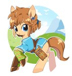 2019 alternate_species blonde_hair blue_eyes breath_of_the_wild cel_shading clothing cloud crossover day digital_media_(artwork) ear_piercing ear_ring equid equine feral grass hair hasbro horse link looking_at_viewer male mammal my_little_pony nintendo outline piercing plant ponification pony ponytail ring_piercing seitarou shaded sheikah_slate smile solo tablet_computer the_legend_of_zelda