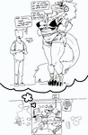 anthro clothing dream duo female freckles honk_shoo larger_anthro larger_female male size_difference smaller_human smaller_male snoring text deltav anon dinosaur human mammal prehistoric_species reptile scalie english_text hi_res monochrome