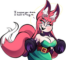 4_eyes 5_fingers belt belt_buckle big_breasts blush blush_lines bodily_fluids breasts brown_belt buckle cleavage clothed clothing dialogue dipstick_tail dress drooling eyelashes female fingers green_clothing green_dress hair halo inner_ear_fluff long_hair markings multi_eye narrowed_eyes open_mouth open_smile pink_ears pink_hair pink_inner_ear pink_tail pupils saliva saliva_string sharp_teeth simple_background slit_pupils smile solo tail tail_markings talking_to_another tan_body tan_skin teeth text tuft white_background white_inner_ear_fluff white_tail_tip qwerty_soda jane_(qwerty_soda) angel angel_humanoid animal_humanoid canid canid_humanoid canine canine_humanoid fox_humanoid fox_spirit humanoid mammal mammal_humanoid 2019 absurd_res digital_drawing_(artwork) digital_media_(artwork) english_text hi_res