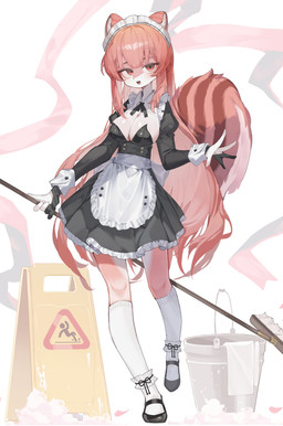 anthro big_breasts breasts bucket cleaning_tool cleavage clothed clothed_anthro clothed_female clothing container dress female female_anthro frilly frilly_clothing fur hair holding_object kemono knee_highs legwear long_hair looking_at_viewer maid_apron maid_headdress maid_uniform mop open_mouth solo tail tongue uniform wet_floor_sign chimimoryo namuta mammal rodent sciurid tree_squirrel 2025 absurd_res digital_media_(artwork) full-length_portrait hi_res portrait