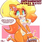 1:1 2021 activision android anthro bandicoot big_breasts bikini blonde_hair breasts camel_toe clothing coco_bandicoot crash_bandicoot_(series) dated dialogue digital_media_(artwork) ear_piercing ear_ring english_text feet female fingers footwear hair hi_res high_heels huge_breasts long_hair looking_at_viewer machine mammal marsupial one-piece_swimsuit piercing ponytail ring_piercing robot sandals signature simple_background sling_bikini smile solo speech_bubble swimwear text toes vixycore