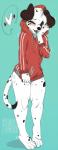 ambiguous_gender anthro black_body black_fur black_spots clothing covering covering_crotch covering_self embarrassed fur markings solo spots spotted_body spotted_fur topwear white_body white_fur dai.dai canid canine canis dalmatian domestic_dog mammal hi_res