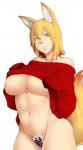 animal_humanoid areola areola_slip big_breasts blonde_hair bottomless bottomless_female breasts canid canid_humanoid canine canine_humanoid chastity_seal clothed clothing dipstick_tail female fox_humanoid frown green_eyes hair half_naked hi_res humanoid inner_ear_fluff mammal mammal_humanoid markings multicolored_tail navel neko_majin ofuda ofuda_on_pussy paper_seal pussy_tape short_hair solo sweater tail tail_markings talisman tape topwear tuft under_boob undressing