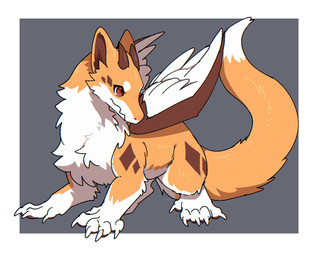 ambiguous_gender brown_horn brown_inner_ear_fluff brown_markings brown_wings claws countershading dipstick_tail facial_markings feathered_wings feathers feral fluffy fluffy_tail fur head_markings head_turned horn inner_ear_fluff looking_sideways markings multicolored_body orange_body orange_ears orange_fur orange_tip quadruped red_eyes solo tail tail_markings tapering_tail three-quarter_view tuft two_tone_body white_body white_fur white_tail_tip white_wings wings tsukune_minaga mythology kitsuneinu_dragon dragon furred_dragon furred_scalie mythological_creature mythological_scalie scalie winged_dragon 2026 chromatic_aberration digital_media_(artwork) full-length_portrait hi_res portrait