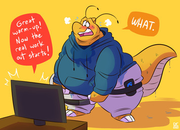 anthro belly big_belly blue_clothing blue_hoodie blue_topwear bodily_fluids bottomwear clothing exercise hoodie male overweight overweight_anthro overweight_male pants simple_background solo speech_bubble sweat text topwear yellow_background syc nintendo pokemon dragonite generation_1_pokemon pokemon_(species) absurd_res english_text hi_res