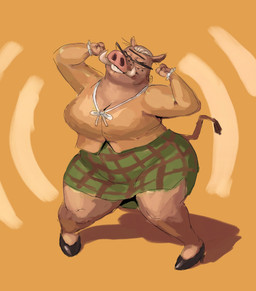 anthro bent_legs bite biting_lip biting_own_lip blouse bottomwear breasts cleavage clothed clothing dancing eyebrows eyes_closed female footwear fur glasses_chain hair high_heels mature_female orange_background overweight overweight_female pencil_skirt self_bite shoes simple_background skirt snout solo tail tail_tuft tan_body tan_fur topwear tuft tusks unibrow white_hair redustheriotact cartoon_network my_gym_partner's_a_monkey mrs._warthog_(mgpam) mammal suid suine warthog 2026 hi_res