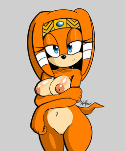 anthro areola bandage big_breasts black_nose blue_eyes breasts eyelashes female front_view fur genitals grey_background inverted_nipples looking_at_viewer nipples nude orange_body orange_fur pink_areola pink_nipples simple_background smile solo tan_body tan_fur thick_thighs vulva wide_hips xenrevv sega sonic_adventure sonic_the_hedgehog_(series) tikal_the_echidna echidna mammal monotreme hi_res