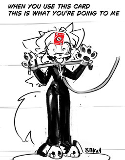 ambiguous_gender anthro arm_spreader ball_gag bunny_slippers clothing collar gag latex latex_clothing latex_skinsuit leash leashed_collar lock padlock restraints skinsuit solo spreader_bar text tight_clothing uno_card wide_eyed bitkat uno domestic_cat felid feline felis mammal english_text sketch