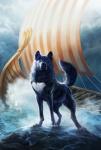 ailah ambiguous_gender black_body black_fur boat canid canine canis cloud detailed_background domestic_dog eye_contact feral fur hi_res looking_at_another mammal markings oar outside sail solo standing vehicle water watercraft wave white_markings