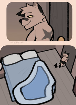 2_panel_comic anthro bed_sheet bedding bottomwear clothed clothing door empty_bed high-angle_view male markings pillow shorts smile solo standing star_(marking) tail tail_tuft thin_tail topless topless_male tuft yellow_sclera rygel_spkb yoby_(rygel_spkb) canid canine canis gerbil hybrid mammal murid rodent absurd_res comic hi_res multiple_scenes