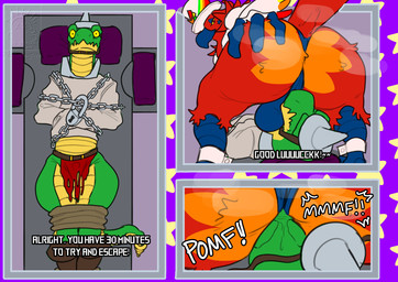 aim_(kings_of_hell) anthro armor boots bottomwear bound butt chain clothing cuffs_(clothing) dialogue duo facesitting footwear hat headgear headwear lock loincloth looking_back magician male male/male musk musk_clouds onomatopoeia restraints rope shoes sitting_on_another sound_effects straitjacket surprised_expression text thong underwear drstrangeluvve european_mythology greek_mythology kings_of_hell mythology phenex_(kings_of_hell) avian demon mythological_avian mythological_bird mythological_creature mythological_firebird phoenix reptile scalie snake english_text hi_res