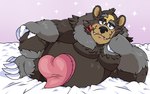 anthro belly black_nose blush flower flower_in_mouth heart_symbol looking_at_viewer male moobs overweight overweight_male pillow plant solo lewdookami nintendo pokemon pokemon_legends_arceus bear generation_8_pokemon mammal pokemon_(species) ursaluna 2022