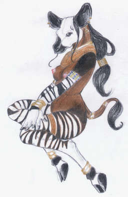 anthro armband barefoot biped black_body black_fur black_hair black_stripes breasts brown_body brown_fur ear_piercing eyelashes feet female fur gold_(metal) gold_jewelry grey_eyes hair hooves jewelry long_hair looking_at_viewer multicolored_body multicolored_fur navel nipples nude piercing pink_nipples simple_background solo striped_body striped_fur stripes tail tail_tuft tuft white_background white_body white_fur white_stripes wristband whitefenrril giraffid mammal okapi 2008