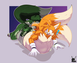 anthro belly big_belly bodily_fluids digestion_noises duo exclamation_point forced male male/male oral_vore recursive_vore same_size_vore sweat vore foxynoms sega sonic_the_hedgehog_(series) fingerbit miles_prower canid canine fox mammal 2025 absurd_res hi_res