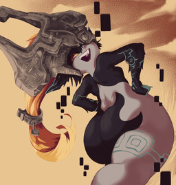 armor big_butt black_body blue_markings butt clothing eyelashes female fused_shadow grey_body hair hand_on_hip headgear headwear helmet humanoid_pointy_ears looking_at_viewer looking_back looking_back_at_viewer markings one_eye_obstructed open_mouth open_smile orange_hair pointy_ears ponytail rear_view red_eyes shortstack smile solo thick_thighs wide_hips yellow_sclera kkrispy nintendo the_legend_of_zelda twilight_princess midna humanoid imp twili