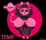 2_toes 5_fingers areola areola_slip big_breasts breasts clothing feet female fingers genitals holding_object hoodie horn legwear nipple_outline not_furry pink_body pink_horn pink_skin pussy solo thick_thighs toes topwear wide_hips cornchip21 kirbot12 temp_the_imp demon imp 2018 hi_res