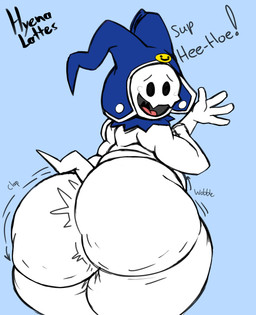 big_butt blue_background butt clapping clothing dialogue hat headgear headwear male motion_lines nude onomatopoeia overweight overweight_male simple_background simple_eyes solo sound_effects text thick_thighs white_body wide_hips hyenalattes atlus megami_tensei sega jack_frost_(megami_tensei) humanoid imp absurd_res english_text hi_res sketch