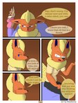 3:4 absurd_res angry anthro blonde_hair blue_eyes brown_body brown_fur canid canine canis clothed clothing comic dialogue digital_drawing_(artwork) digital_media_(artwork) dot_eyes duo eevee eeveelution elizabeth_venizee english_text female flamberry_(artist) flareon franklin_flare fur generation_1_pokemon hair hi_res male male/female mammal nintendo open_mouth orange_body orange_fur pokemon pokemon_(species) simple_background solo tail teeth text tongue