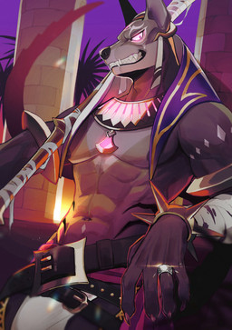 5_fingers abs anthro arm_wraps athletic athletic_anthro athletic_male belt black_nose claws clothed clothing dark_body dark_fur detailed_background egyptian egyptian_clothing egyptian_headdress facial_markings fingers fur glowing glowing_eyes head_markings humanoid_hands male markings muscular navel nipples pecs shirtless staff sunset wraps k0bit0wani anothereidos_of_dragon_vein_r jalam_(anothereidos_r) anubian_jackal canid canine canis jackal mammal 2021 absurd_res colored hi_res